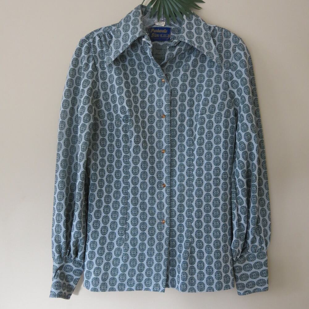 VINTAGE 1970's Panhandle Slim Long Sleeve Western Wear Shirt Size S* Green/Gray